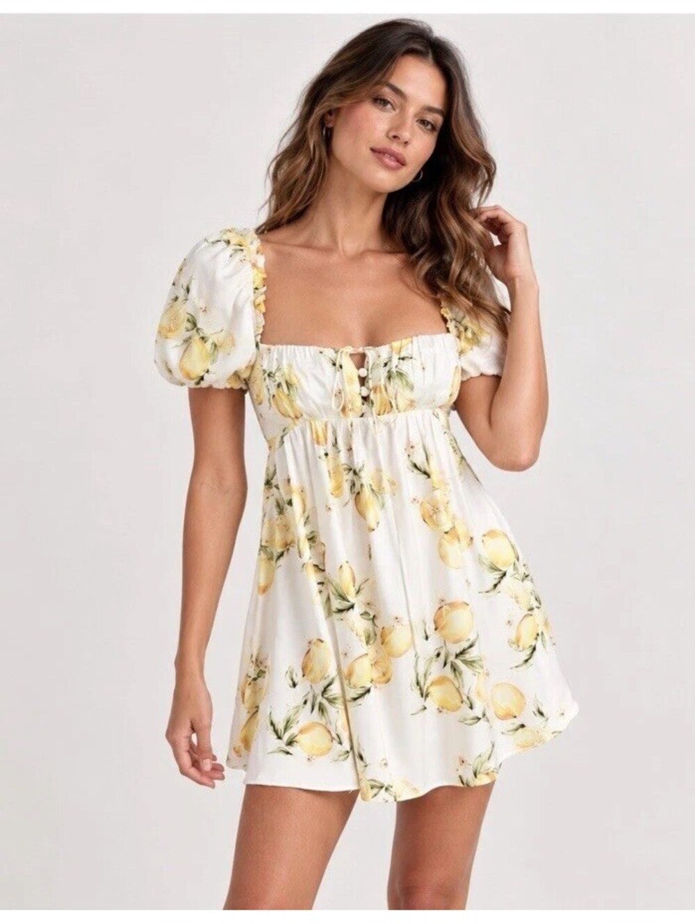 For Love & Lemon Serafina Mini Dress Small Lemon Print Open Back Cottagecore